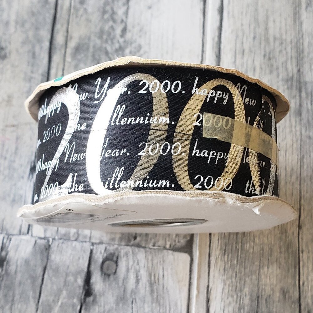 Vintage Y2K Year 2000 Ribbon Happy New Year Black, Sliver and White 20 Yards #9